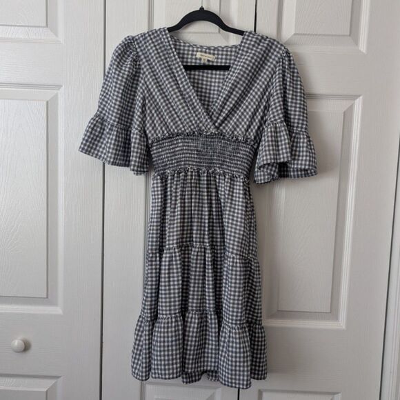 Max Studio Gingham Tiered Midi Dress | XS | Navy & White | Smocked Waist - Picture 1 of 6